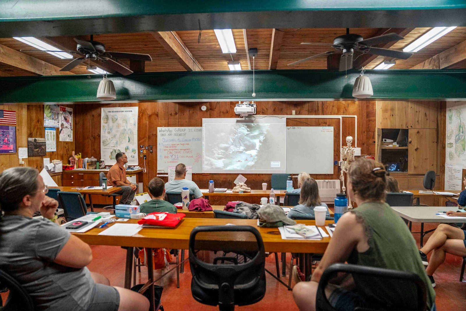 People attending a with a projector screen